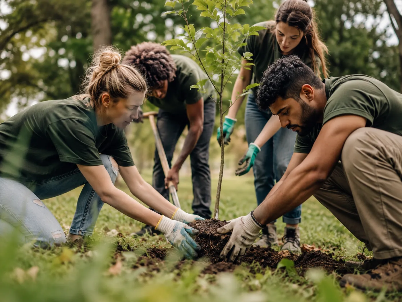 Equipo de trabajo sembrando un árbol joven en campo