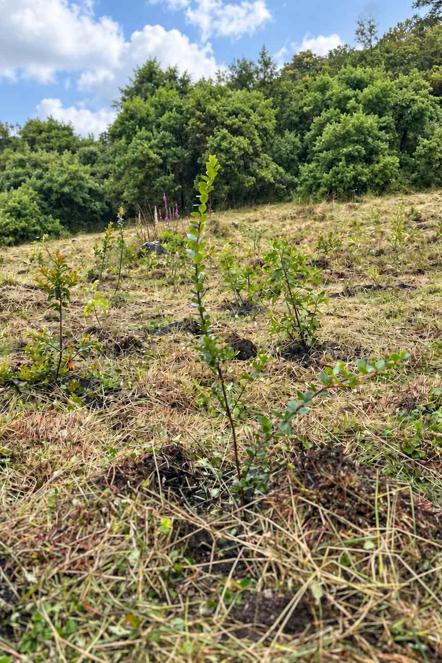 Plantas jóvenes sembradas en un terreno junto a una zona arbolada