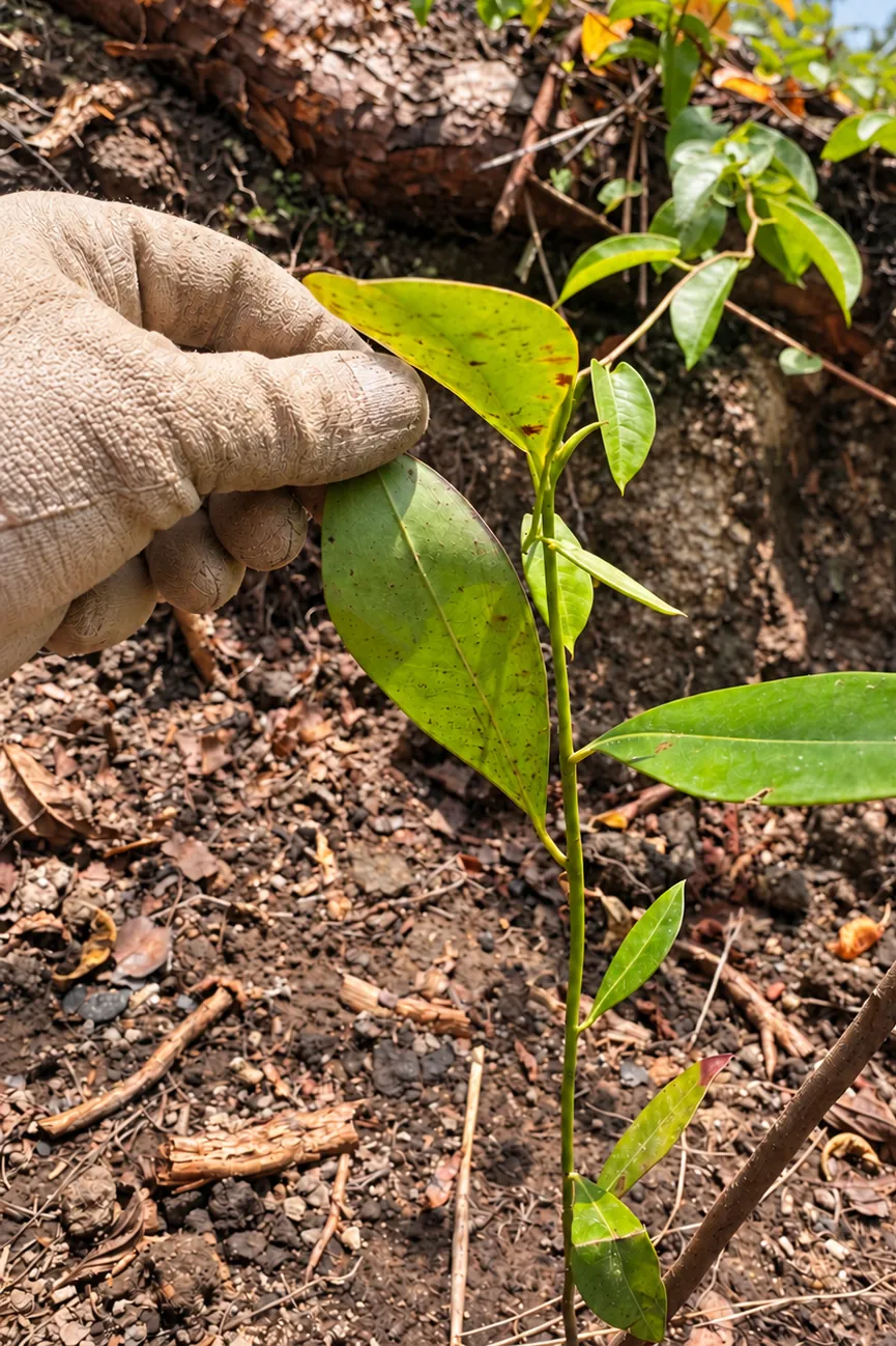 Mano con guante revisando las hojas de una planta joven sembrada
